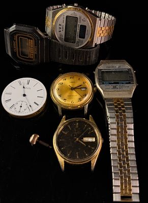 A Group of Vintage Analog and Digital Wristwatches with a Waltham Pocket Watch Movement. A 
