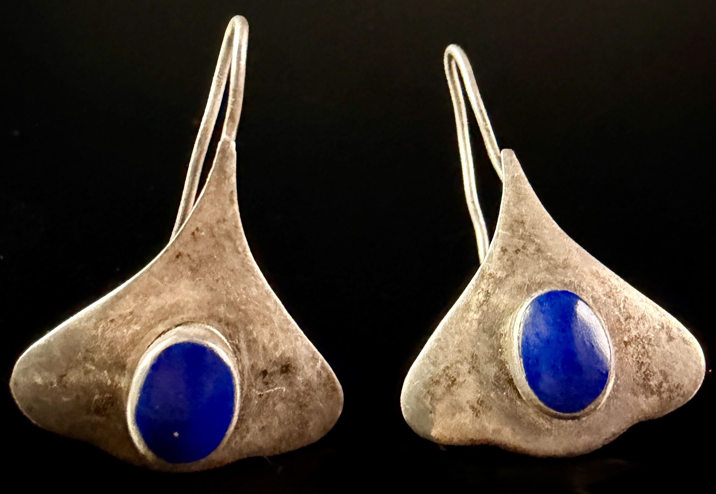 A Pair of Antique Sterling Silver and Lapis Lazuli Modernist Drop Earrings