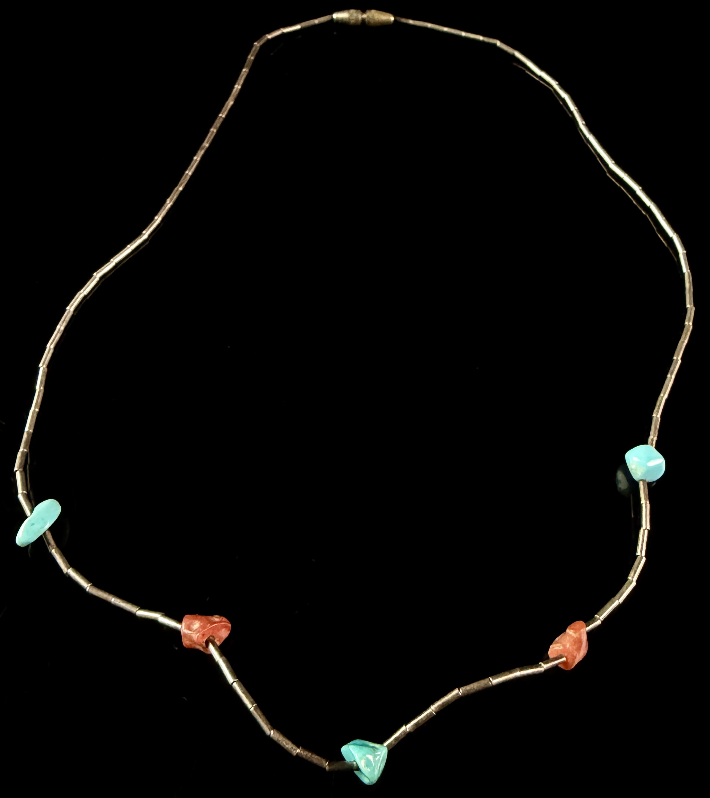 Antique Liquid Silver Choker Necklace with Turquoise and Coral Nuggets
