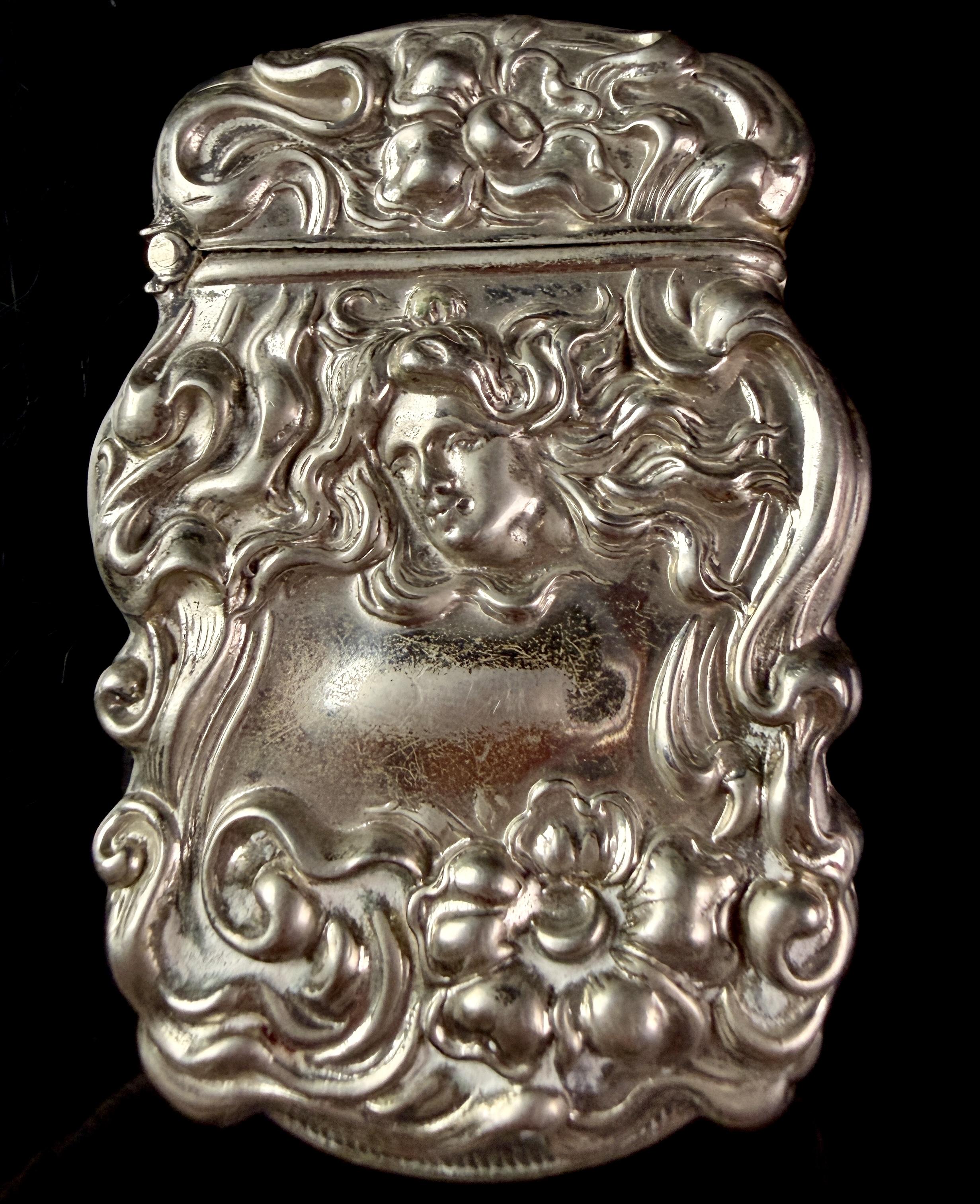 Antique Art Nouveau Repousse Pocket Vesta Case with Maiden Motif