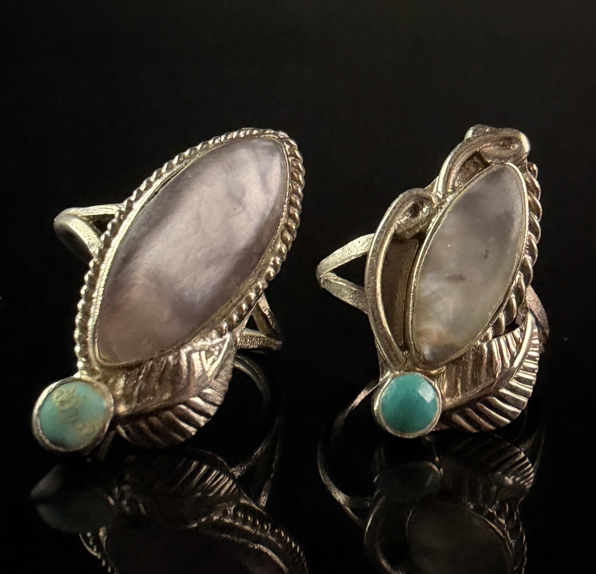 Two Antique Sterling Silver Southwestern Style Rings with Rose Quartz and Turquoise
