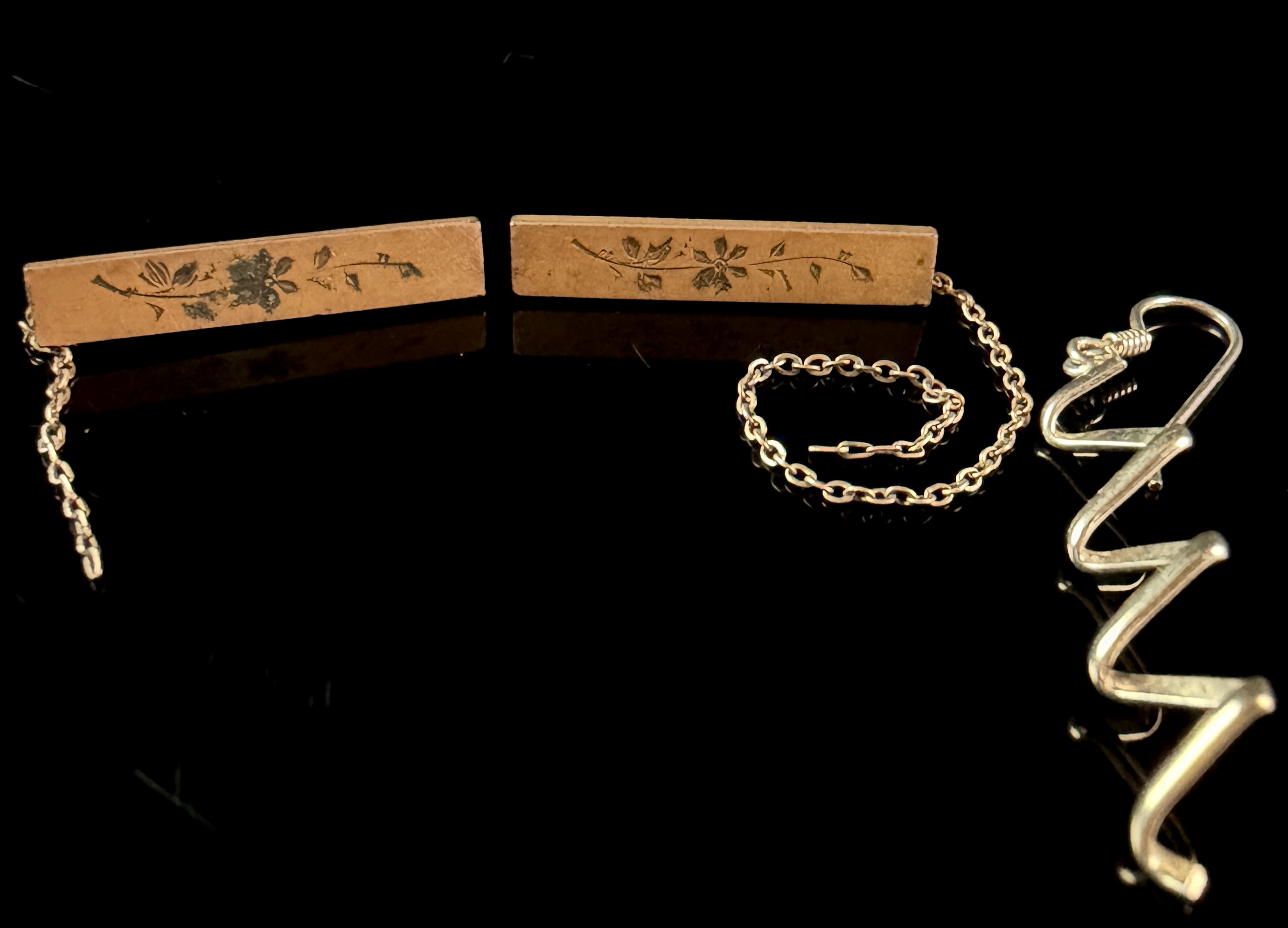 A Collection of F and B Victorian Era Bar Pins and a Contemporary Zig-Zag Earring
