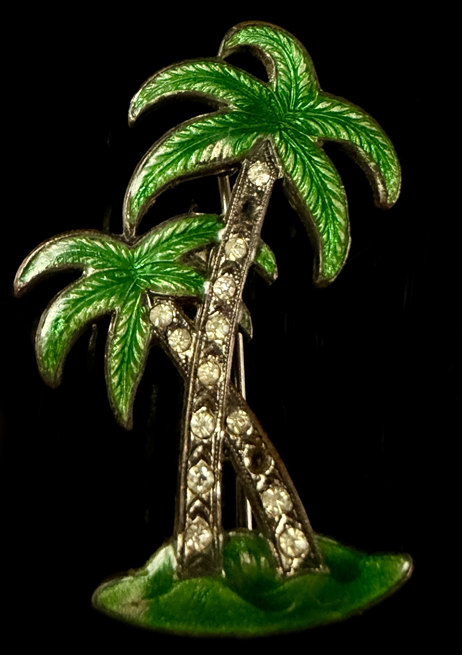 Antique Green Enamel and Rhinestone Palm Tree Brooch