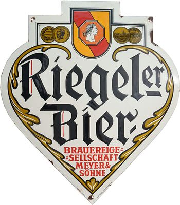 Emailschild Riegeler Bier, Unikat, weißgrundig, Riegel am Kaiserstuhl, um 1920 (1-)Emailschild 