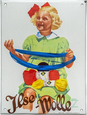 Emailschild Ilse Wolle, Ludwig Hohlwein, Viersen um 1920 (1-)Emailschild Ilse Wolle, flach 