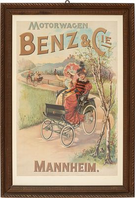Frühes Plakat Benz Motorwagen Mannheim, signiert Zinn, um 1900 (A). Frühes Plakat Benz 