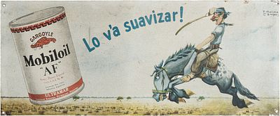 Blechschild Mobiloil "Lo v'a suavizar" flach, signiert, Florencio Molina Campos (1891-1959) 