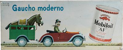 Blechschild Mobiloil "Gaucho moderno" flach, signiert, Florencio Molina Campos (1891-1959) 