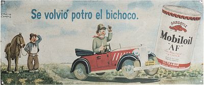 Blechschild Mobiloil "Se volvió potro el bichoco", flach, signiert, Florencio Molina Campos 