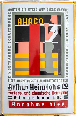 Emailschild Ahaco, Bauhaus-Entwurf, Erich Röhle, Glauchau in Sachsen, um 1920 (1-)Emailschild 