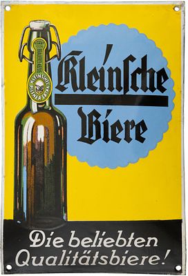 Emailschild Kleinsche Biere, Traumzustand! Hainichen in Sachsen um 1920 (1+)Emailschild der 