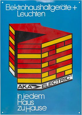 Emailschild AKA Electric, Traumzustand! Bauhaus, um 1960 (1)Imposantes Emailschild für AKA 