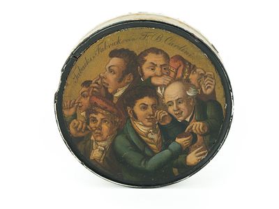 Frühe Werbedose Schnupftabak "Tabacks Fabrick von F.B. Cardini" um 1840Runde Tabakdose mit 