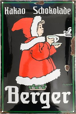 Emailschild Berger, Kakao, Schokolade, gewölbt, Pößneck um 1910 (2+)Emailschild Berger Kakao 