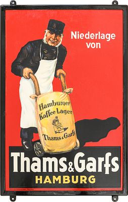 Emailschild Thams & Garfs, Kaffee Lager, Hamburg um 1930 (1). Emailschild Thams &amp; Garfs 