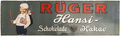 Emailschild Rüger Hansi-Schokolade Kakao, Wien, Dresden um 1910 (1-) Emailschild Rüger Hansi 