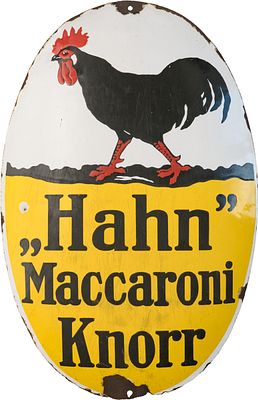Emailschild Knorr "Hahn" Maccaroni, Heilbronn, um 1905 (3). Emailschild Knorr "Hahn" Maccaroni 