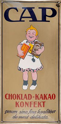Emailschild CAP Choklad Kakao Konfekt, Schweden um 1910 (2)Sehr seltenes und imposantes 
