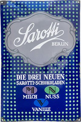 Emailschild Sarotti "Die drei Neuen", Julius Gipkens, Berlin, um 1910 (2)Emailschild Sarotti 
