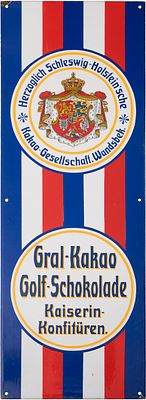 Emailschild Herzoglich Holstein'sche Kakao-Gesellschaft. Wandsbek um 1920 (1). Emailschild 