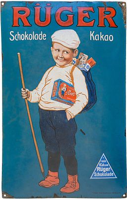 Emailschild Rüger Hansi-Schokolade Kakao, Dresden um 1910 (2-3)Emailschild Rüger Hansi, gewölbt 