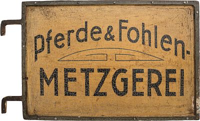 Blechschild Pferde & Fohlen-Metzgerei, Jugendstil, um 1900 (2). Blechschild Pferde &amp; 