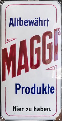 Emailschild Maggi Altbew&auml;hrt, Berlin und Singen um 1910 (1-)Emailschild Maggi's Produkte 