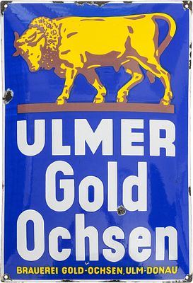 Emailschild Ulmer Gold Ochsen Brauerei, Ulm um 1930 (2)Emailschild Ulmer Gold Ochsen, gew&ouml;lbt 