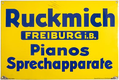 Emailschild Ruckmich, Pianos, Sprechapparate, Freiburg im Breisgau um 1930 (1-)Emailschild 