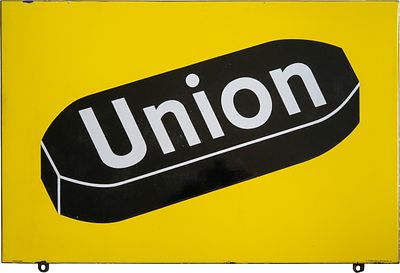 Emailschild Union Brikett, Deutschland um 1950 (1-)Emailschild Union Brikett, flach, abgekantet 