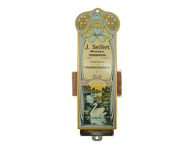 Jugendstil Z&uuml;ndholzspender J. Seifert Colonialwaren, Meiningen, um 1900 (1+)Streichholz-Spender 