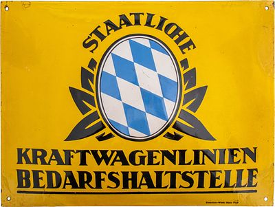 Emailschild Staatliche Kraftwagenlinien Bedarfshaltstelle, Bayern um 1930 (2-)Emailschild 