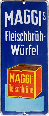 Emailschild, T&uuml;rschild Maggi's Fleischbr&uuml;h-W&uuml;rfel, Singen um 1920 (1-)Emailschild Maggi's 