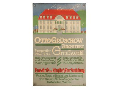 Blechschild Otto Gr&uuml;schow Architekt, Greifswald, um 1910 (1-)Blechschild Architekt Otto 