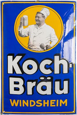 Emailschild Koch-Br&auml;u Windsheim, Traumglanz! Bad Windsheim um 1930 (1)Emailschild Brauerei Koch 