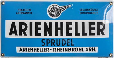 Emailschild Arienheller Sprudel, Traumzustand! Rheinbrohl am Rhein um 1940 (0)Emailschild 