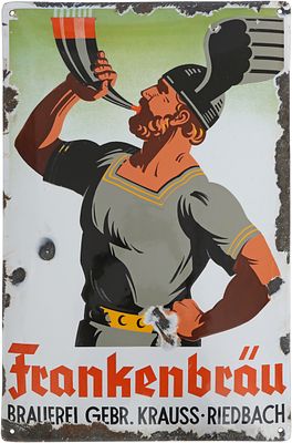 Emailschild Frankenbr&auml;u Gebr&uuml;der Krauss, Reidbach um 1930 (3+)Emailschild, gew&ouml;lbt 