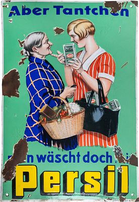 Emailschild Persil Tantchen, D&uuml;sseldorf um 1920 (3)Emailschild Persil, gew&ouml;lbt, Emaillierung 