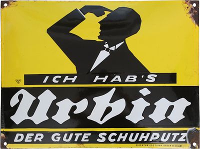 Emailschild Urbin, Hans Lindenstaedt, Berlin um 1920 (2+)Emailschild Urbin, der gute Schuhputz 