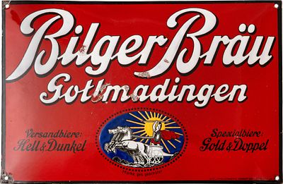 Emailschild Bilger Br&auml;u, Gottmadingen um 1920 (3+)Emailschild Bilger Br&auml;u, gew&ouml;lbt 