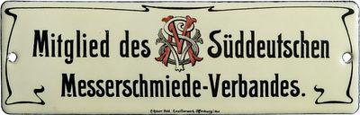 Emailschild, Jugendstil-T&uuml;rschild, Messerschmiede-Verband, Deutschland um 1900 (1+). Emailschild 