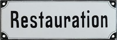 Emailschild, Hinweisschild Restauration, Zuckerguss im Traumzustand! Um 1910 (1+)Emailschild 