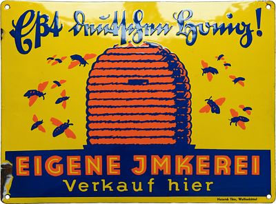 Emailschild Eigene Imkerei "E&szlig;t deutschen Honig!", um 1920 (1-)Emailschild, gew&ouml;lbt 