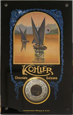 Glasschild Kohler Chocolats Suisses Barometer, Schweiz, um 1930 (2)Glasschild Kohler Chocolats 
