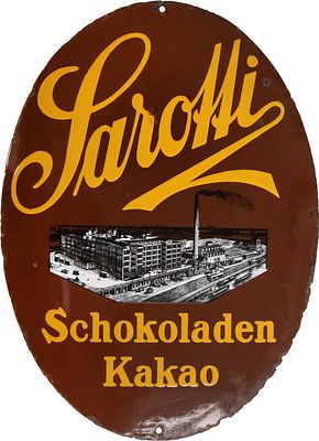 Emailschild Sarotti Schokoladen, Kakao, Fabrikansicht, Berlin um 1920 (2)Emailschild Sarotti 