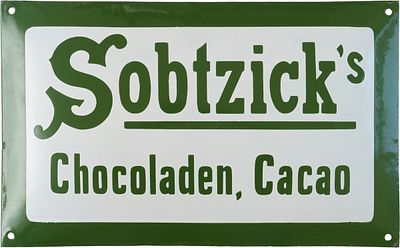 Emailschild Sobtzick&acute;s Chocoladen, Cacao, Traumzustand! Breslau um 1910 (1+)Emailschild 