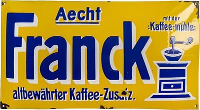 Emailschild Aecht Franck, Ludwigsburg um 1910 (2)Emailschild Aecht Franck, gew&ouml;lbt 