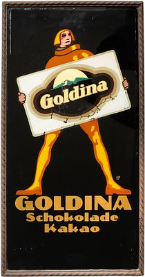 Werbeschild Goldina Schokolade, Louis Oppenheim, Hannover um 1925 (2-)Seltenes Glasschild mit 