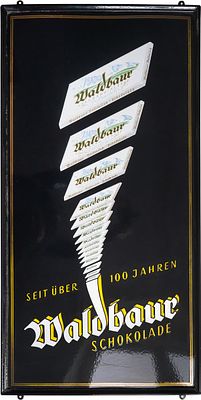 Emailschild Waldbaur Schokolade, Stuttgart um 1950 (2)Emailschild Waldbaur Schokolade, flach im 