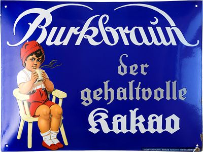 Emailschild Burkbraun Kakao, Traumglanz und Farben! Cottbus um 1920 (1)Emailschild Burkbraun 